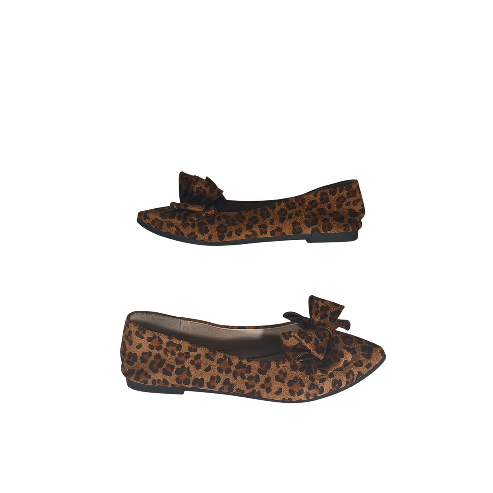 Leopard Print Ballet Flats Size 40 Brown Black Pointed Toe Bow Accent Mob Wife